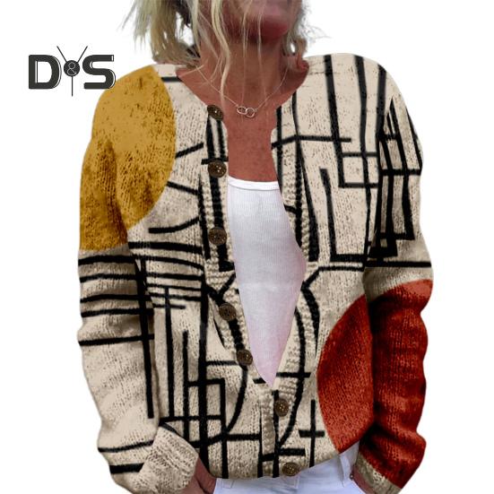 Женский свитер, пальто, круглый вырез, длинный рукав, анималистичный принт, вязаная верхняя одежда, свободный крой, открытый спереди, кардиган