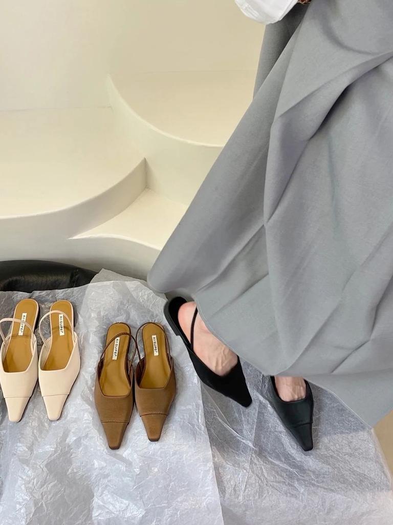 Мода Модные женские босоножки с острым носком Туфли на плоской подошве на низком каблуке бежевые коричневые черные с ремешком сзади Летние уличные туфли-мюли для женщин 39