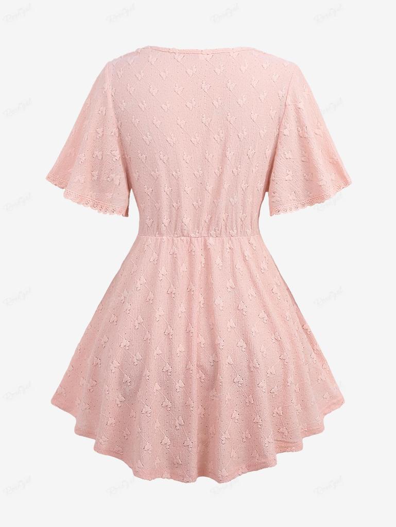 Rosegal Plus Размер Кружевная отделка Поворотная бабочка Вышивка крючком Полый текстурированный топ