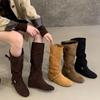 Small Inner Height Increase Belt Buckle Suede Western Cowboy Boots Women's Round Head Cover Boots Inner Height Increase But Knee Boots