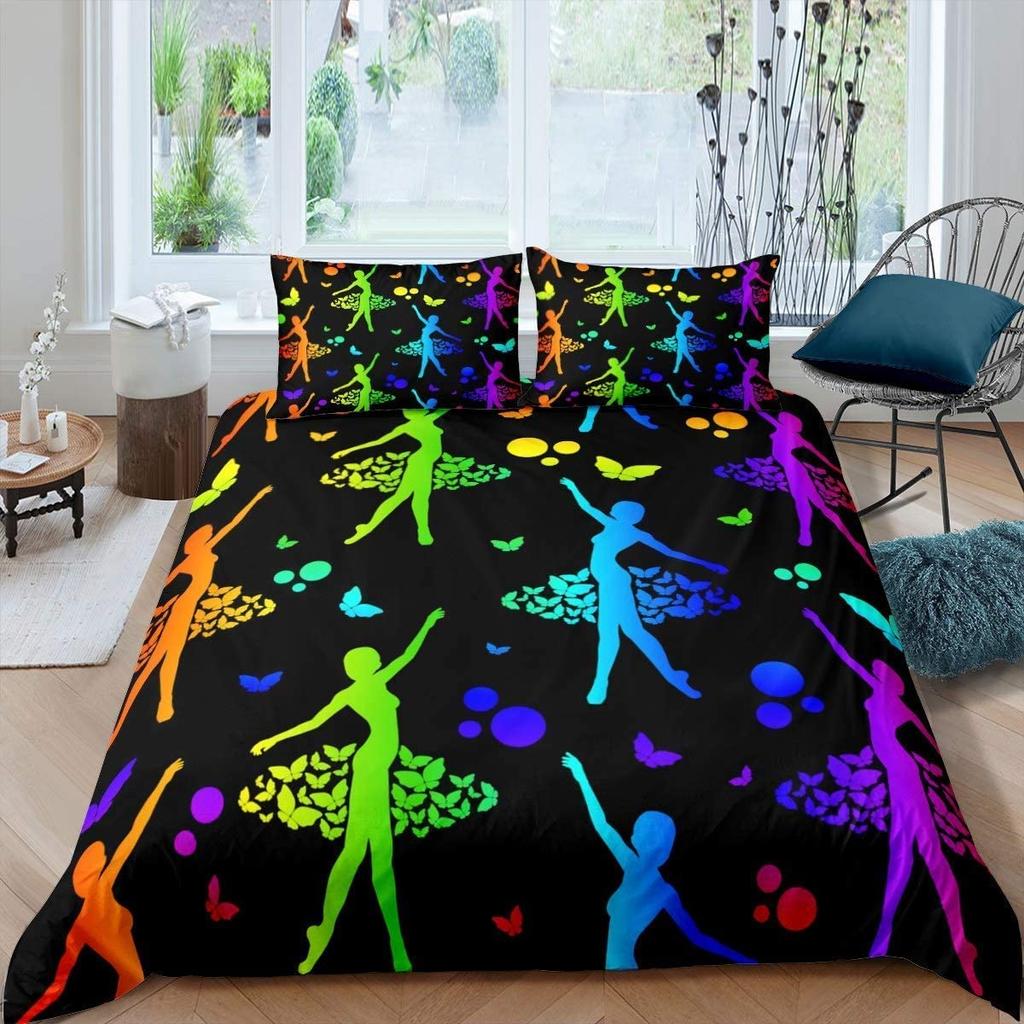 Gymnastics Ballet Lovers Duvet Cover Set Full Twin Size,Beauty Silhouette Polyester Bedding Set For Kids Teens Adults Room Decor