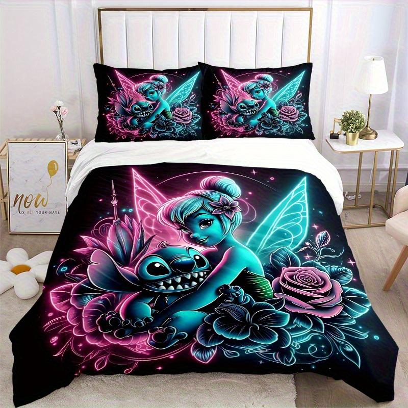 3pcs Tinker Bell and Stitch Quilt Cover Set (1 Quilt Cover + 2 Pillowcases Without Pillow Core), High-Definition Printing for Home and Dormitory.