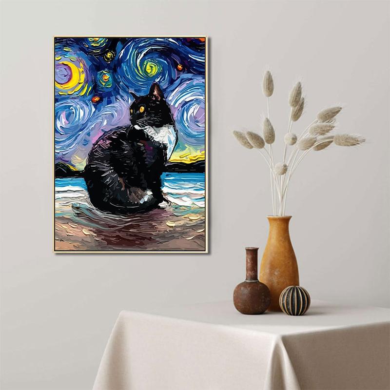 Abstract Van Gogh Starry Night Cat Poster Print Canvas Painting Cute Animal Wall Art For Living Room Home Decoration Cuadros