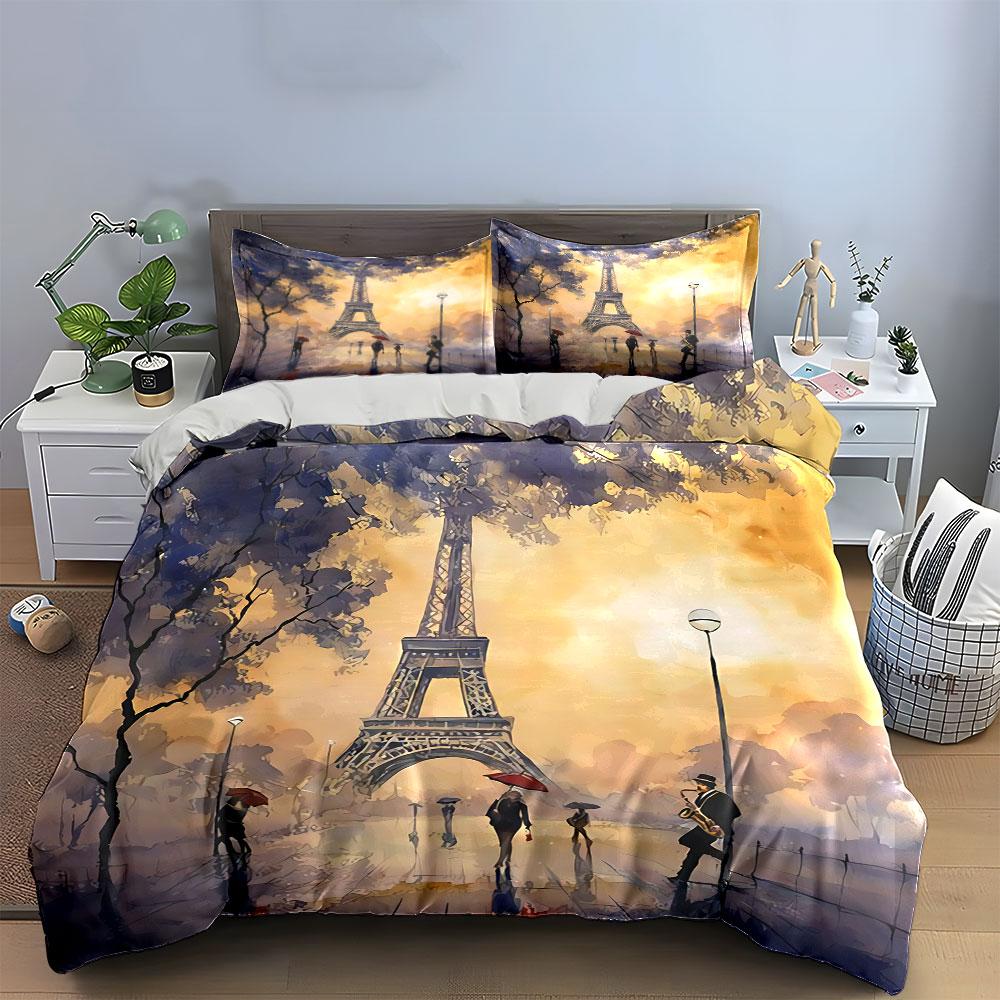 Eiffel Tower Sunset Scene Bedding Duvet Cover Set Duvet Cover Pillowcases (1*Duvet Cover 2*Pillowcases, without duvet insert)