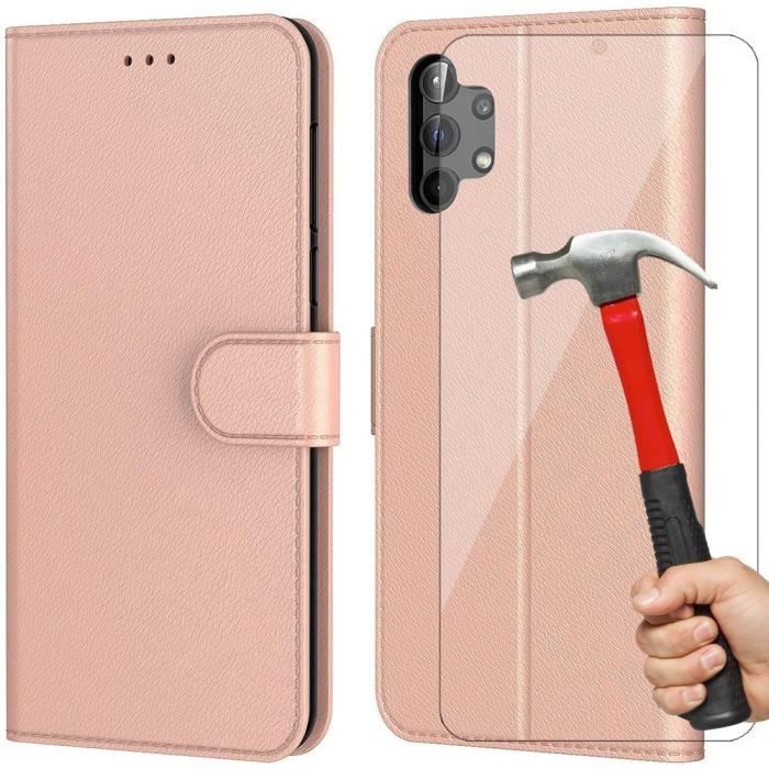 Coque de Protection - BOOLING - pour Samsung Galaxy A32 5G - Coque semi-rigide - 2 verres trempés - Effet cuir rose