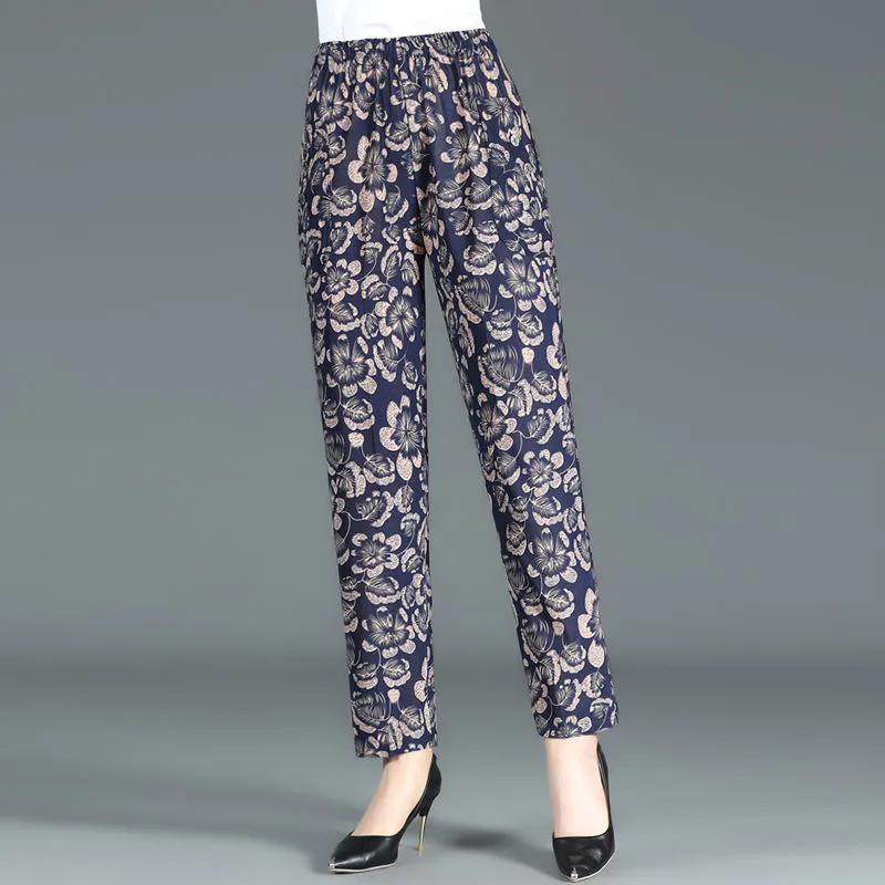 WTEMPO Большой размер, свободные повседневные брюки с высокой эластичной резинкой на талии и карманами, женские тонкие широкие брюки из ледяного шелка с принтом