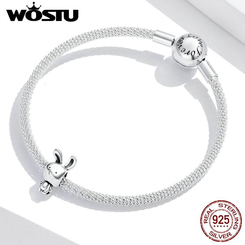 WOSTU Rabbit Charms Real 925 Sterling Silver Cute Rabbit Toy Beads fit Original Women Bracelets DIY Jewelry Accessories CQC1517