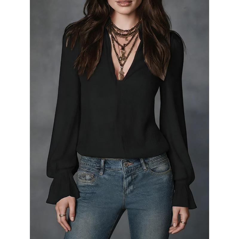 Women S Long Sleeve V Neck Solid Color Casual Blouse