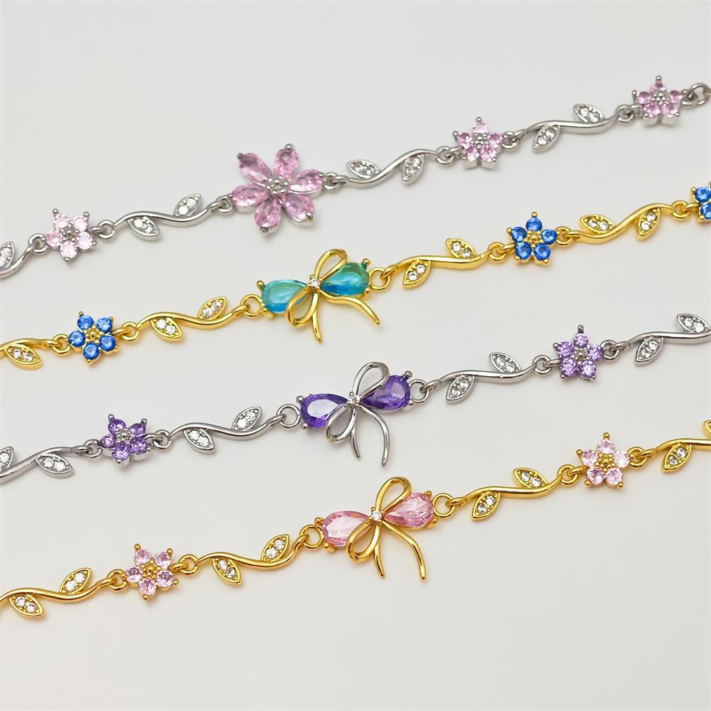 Изысканный браслет с подвесками в виде банта и цветка из циркония для женщин