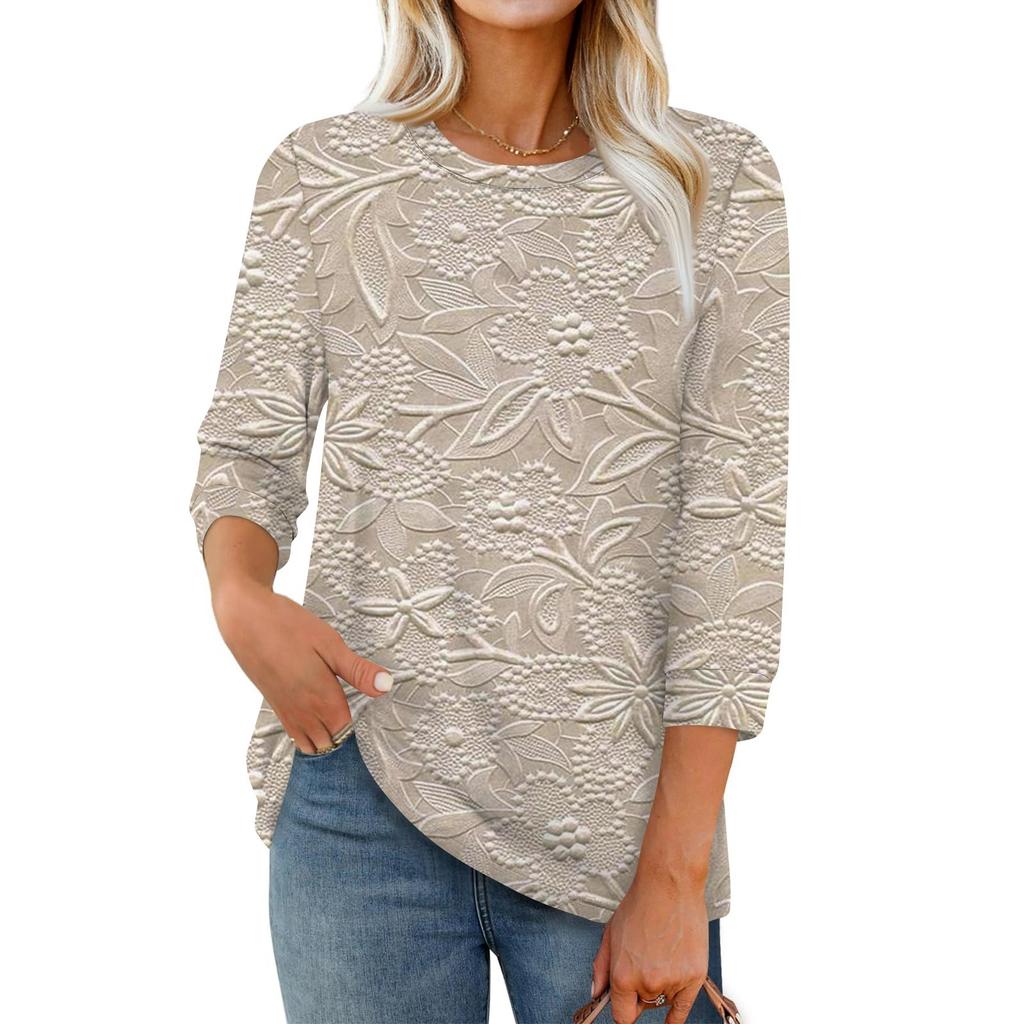 Женская модная повседневная свободная футболка с круглым вырезом и рукавами 3/4 с принтом, женский топ