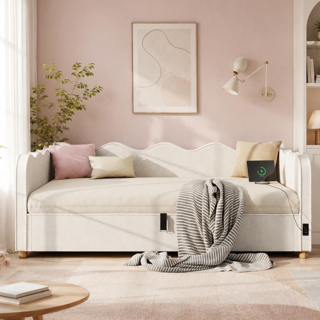 Daybed 90x200 cm with Hydraulic Storage, Upholstered Bed, Day Bed, Sofa Bed with USB & Backrest, Velvet, Beige