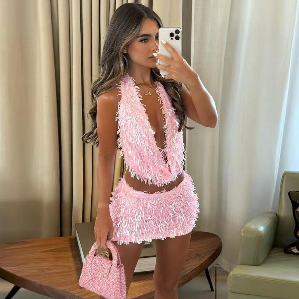 Европейский и американский сексуальный комплект с халтером, V-образным вырезом и облегающей короткой юбкой для женщин