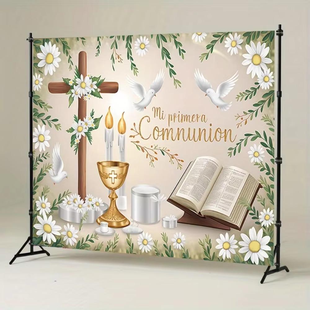 First Communion God Bless Theme Banner Background Cross Holy Grail Birthday Party Home Decoration Photography Backdrop Cloth