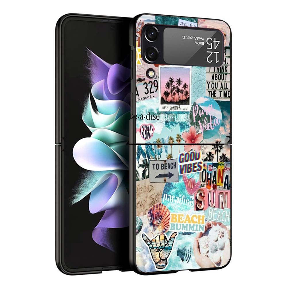 Surfboard Surfing Art Surf Girl Summer Hard Black Cover for Samsung Galaxy Z Flip 7 6 5 4 3 5G Phone Case Flip7 Flip6 Flip5 Flip