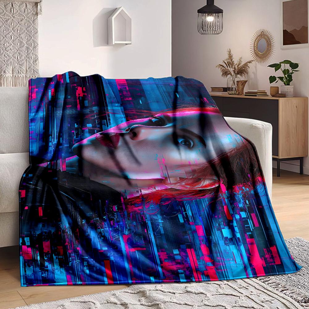 1Pc Cyberpunk Neon Portrait Flannel Blanket, Soft And Comfortable, Casual Warm, Camping Travel, Christmas, Halloween Xmas Gift S1526