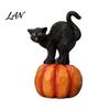 Black Cat Statue for Window Sill Halloween Pumpkin Ornament, Vintage Wood Carving Style Seasonal Festive Atmosphere Props Resin Figurine, Spooky