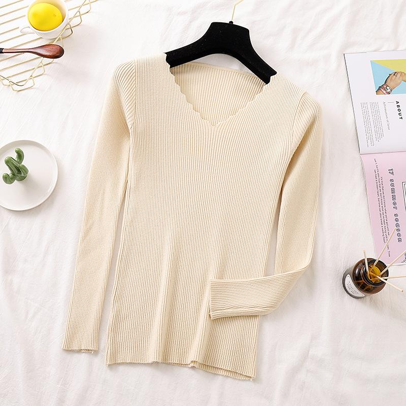 Осенне-зимний кружевной облегающий свитер с V-образным вырезом, женский вязаный универсальный пуловер с длинными рукавами, топ