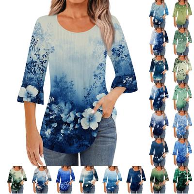 Женская модная повседневная плиссированная футболка с круглым вырезом и цветочным принтом, рукав три четверти