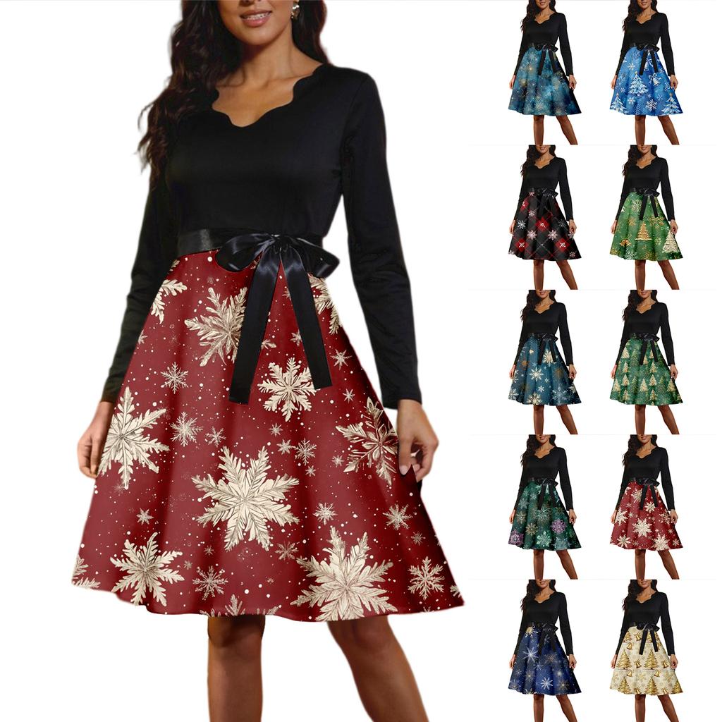 Women's Fashion Round Casual Slim Fit Christmas Print Large Swing Long Sleeve Dress