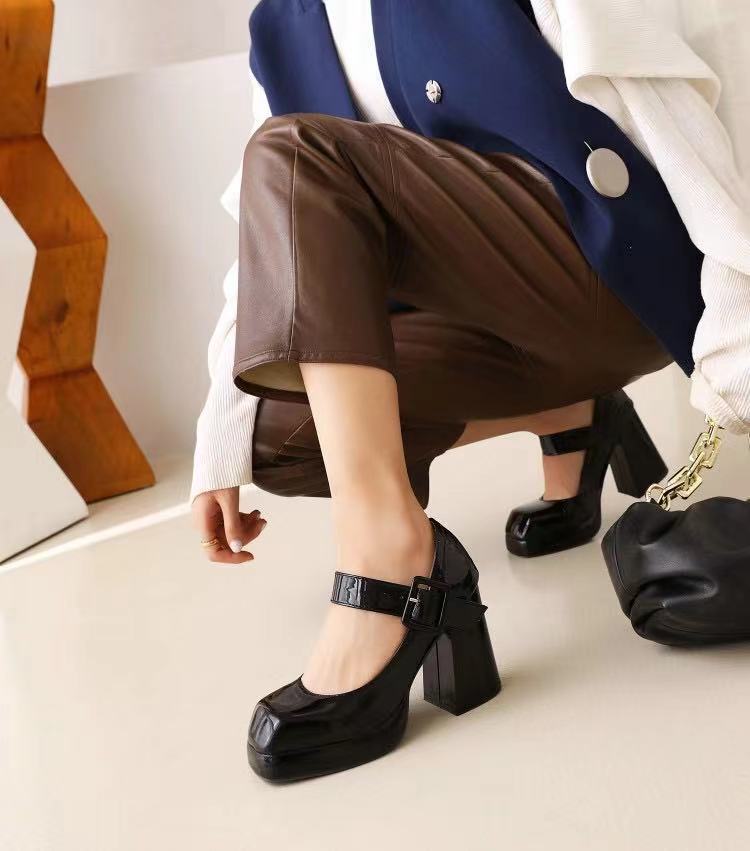 Классические туфли Мэри Джейн с ремешком на щиколотке, женские туфли для вечернего платья, туфли из искусственной кожи, туфли на высоком толстом каблуке, весенне-летние туфли, женские туфли