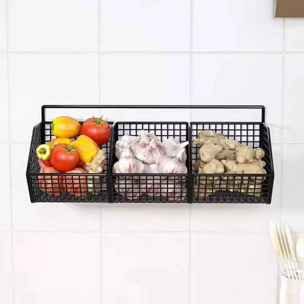 Wall Mounted Kitchen Storage Basket Carbon Steel Onion Ginger Garlic Shelf  Spice