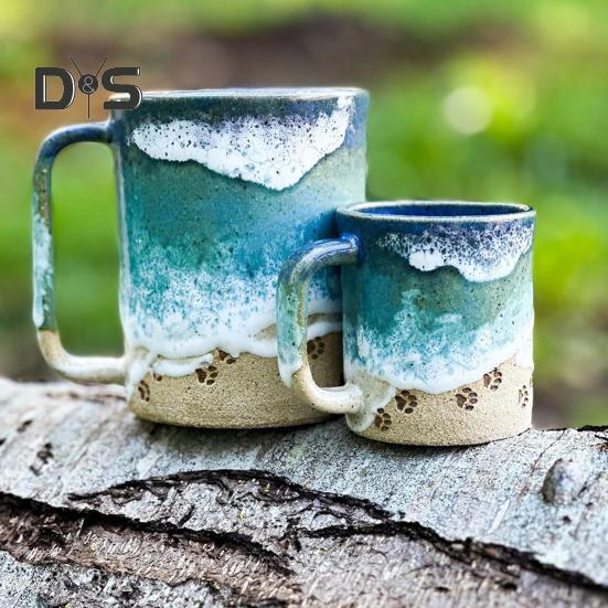Paw Print Ocean Shoreline Mug Ceramic Coffee Cup Handmade Waves Pattern Tea Mug 11oz/15oz Sea Foam Claw Drinking Mug Beach Souvenir Gift