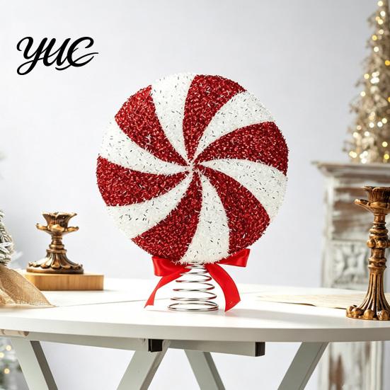 Event Stage Decoration Macaron Spiral Lollipop Christmas Tree Topper, Foam Candy Ornament with Sweet Shop Props Bow, Party Prop for Window Display