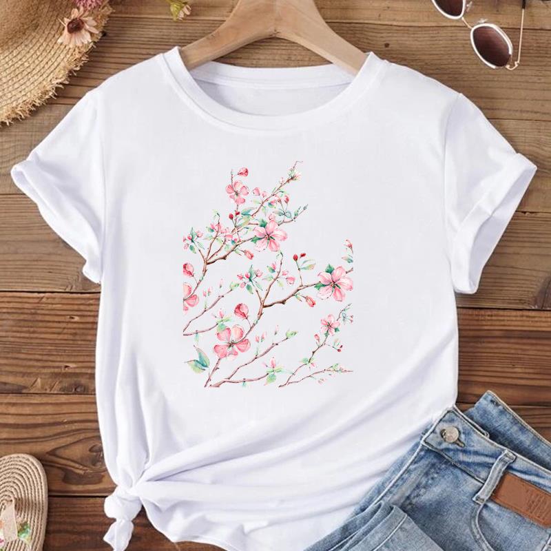 (Asian Size) Women Print Tee Top Fashion T Shirt Woman Female T Flower Watercolor Trend 90s Clothing Short Sleeve Graphic T-shirts