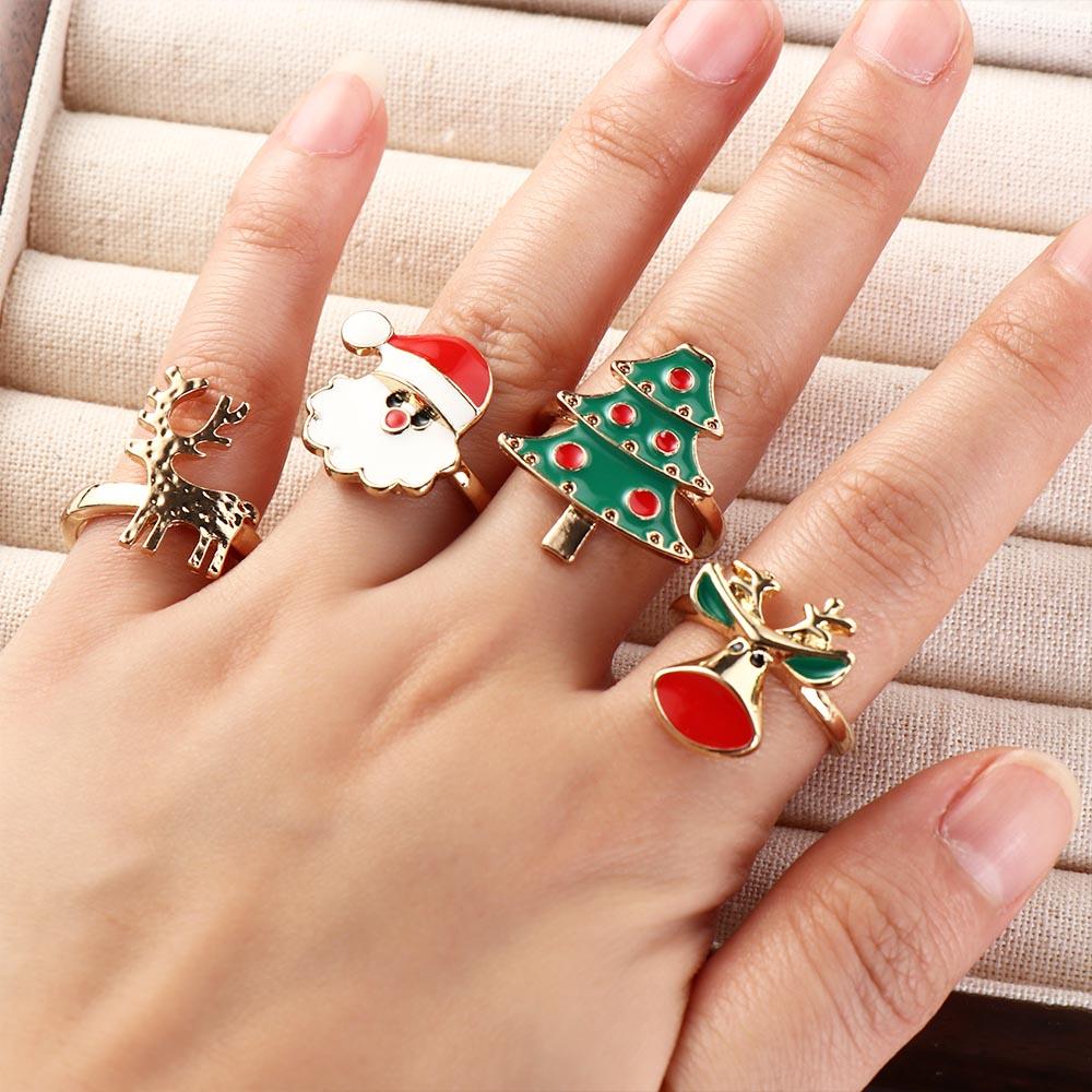 Christmas Tree Enamel Santa Claus Ring Dripping Oil Xmas Jewelry Ornaments Friend