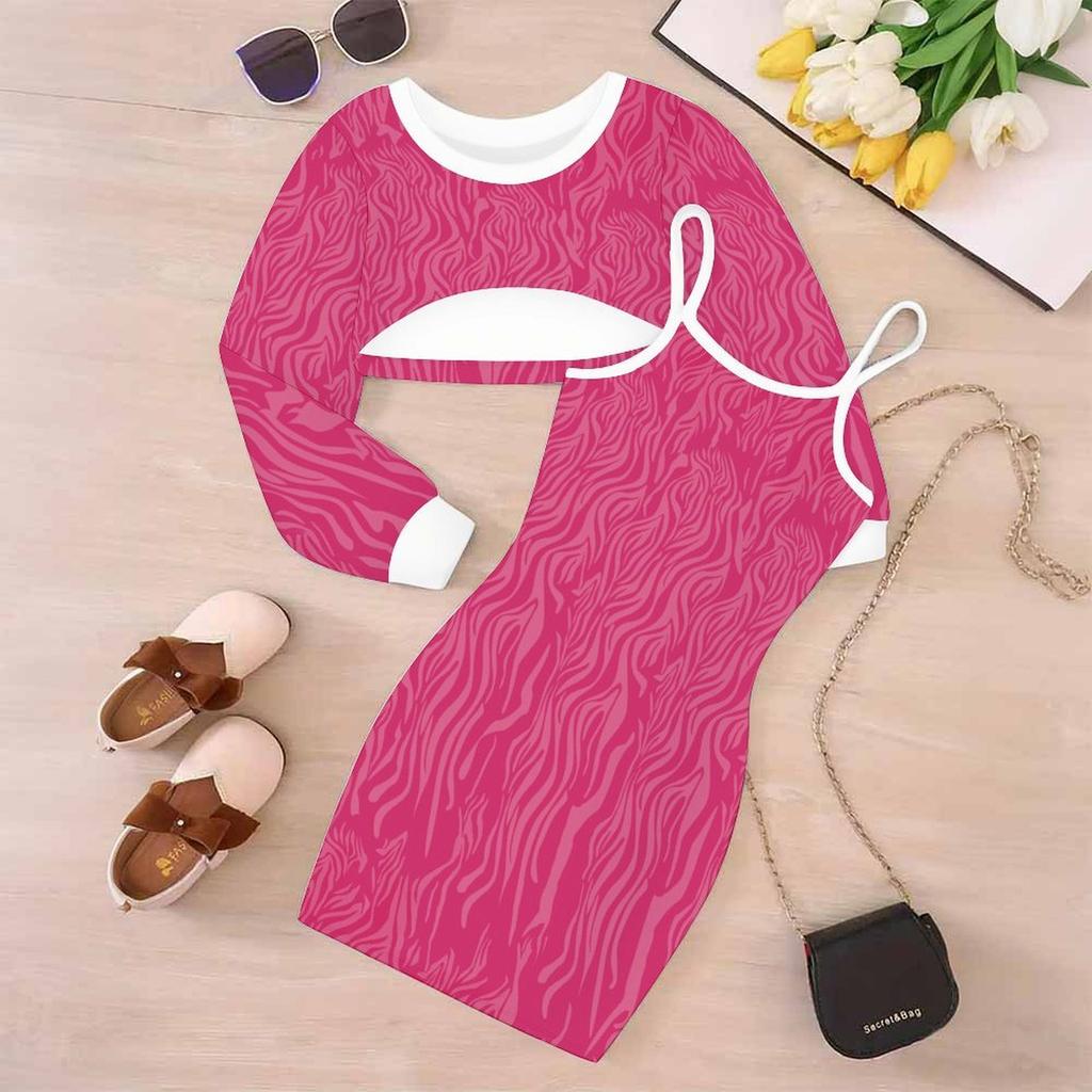Girls Cartoon 2 Piece Outfits, Long Sleeve Crop Top + Spaghetti Strap Bodycon Dress, Fun Vintage Print Party Dress Set