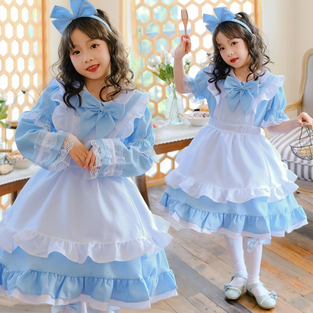 Japanese Blue Alice in Wonderland Maid Costume, Halloween Costume for Children cosplay Children's performance costumes