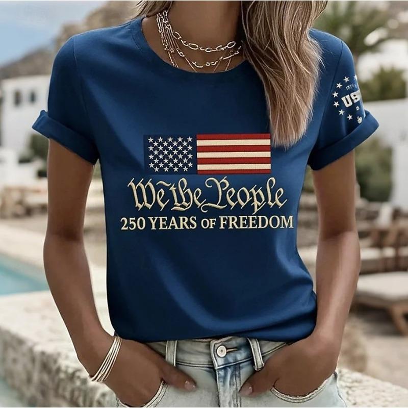 Women's T Shirt Print Graphic Letter American Flag Stylish Classic Casual Short Sleeve Crew Neck Regular Tops Summer