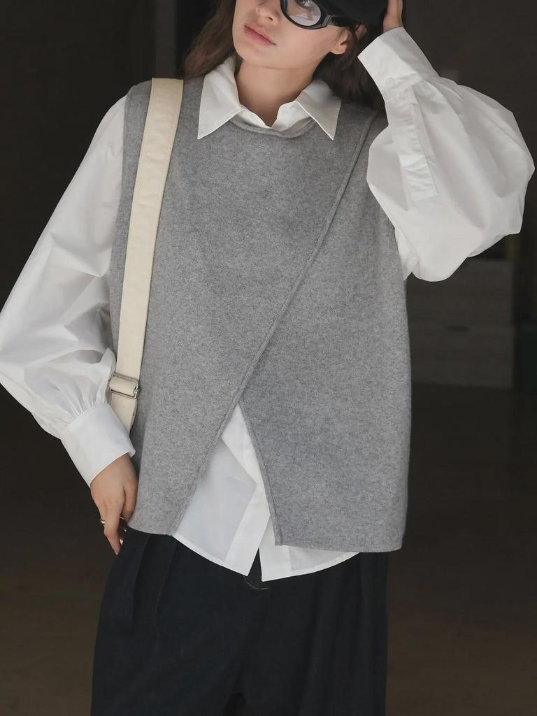 Louvre Autumn Korean Style Irregular Slit Vest for Women - Slim Layered Loose Fit Top