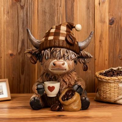 Смола Фигурка Коровы Статуэтка Хайлендской Коровы Набор Фигурок Чашки для Кофе Хайлендской Коровы Смола Скульптура Украшение для Теленка для Кофе