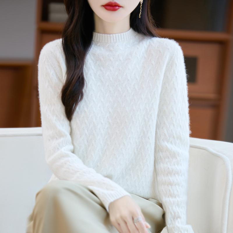 Women's 100% Pure Wool Wheat Ear Pattern Base Layer Top - Plus Size, Stylish Autumn/Winter 2025 Sweater