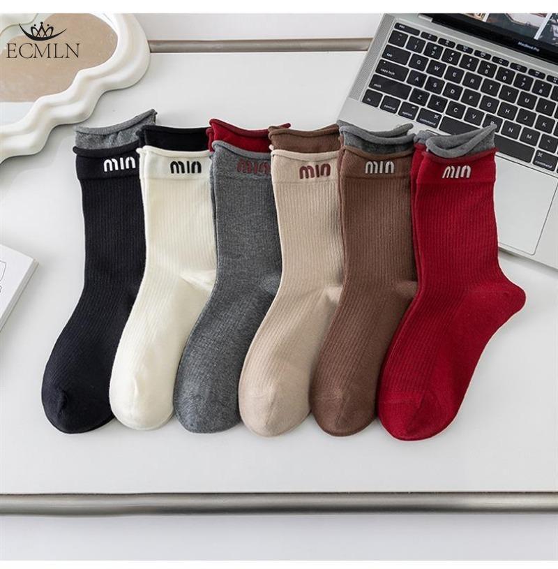 Ангоровые красные женские носки, модные носки средней длины с буквами, женские носки с цветными блоками и загнутыми краями