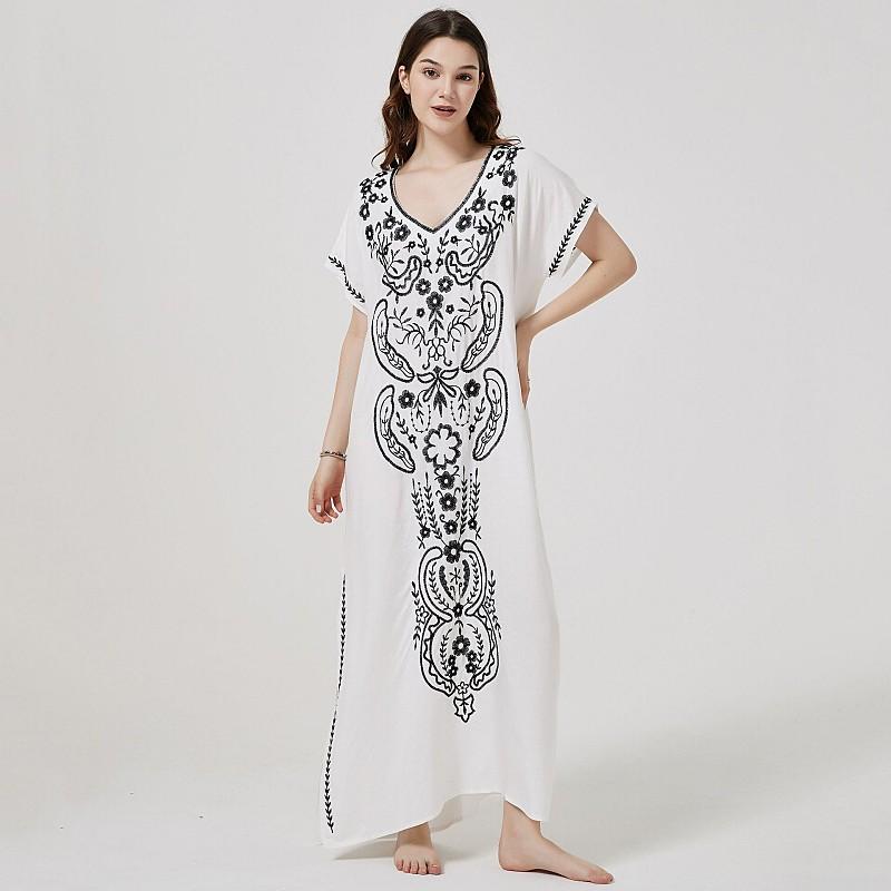 Летнее пляжное платье с v-образным вырезом и короткими рукавами, Инди-фолк, большие размеры, повседневное длинное платье, женский купальник, накидка