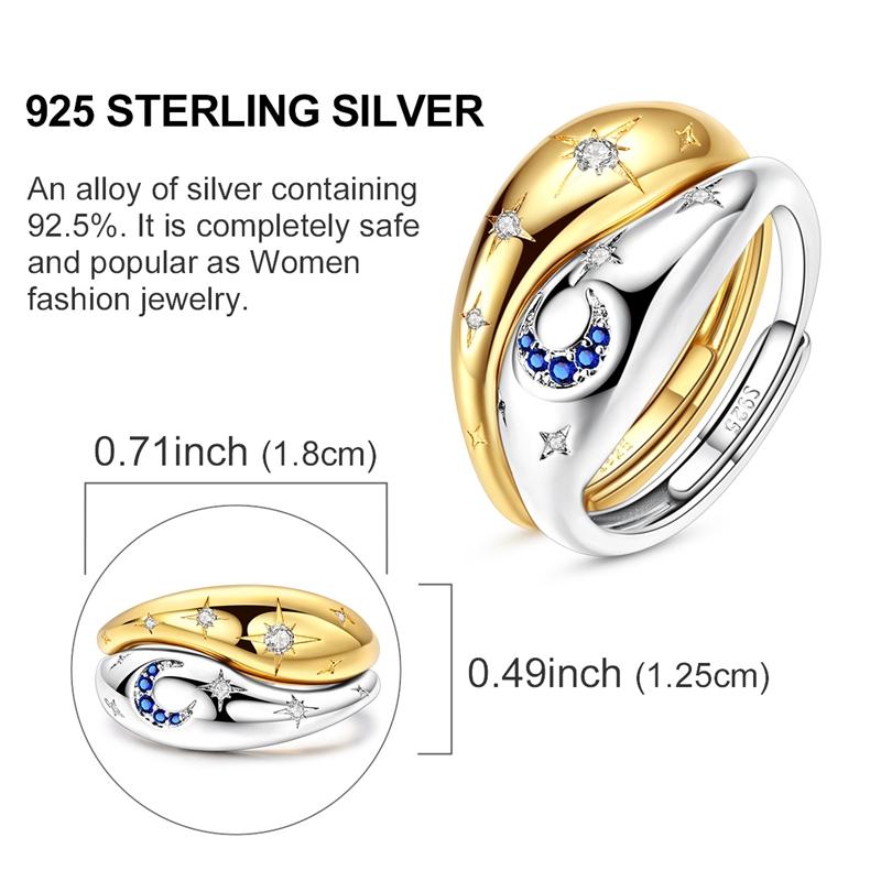 925 Sterling Silver Adjustable Size Rings Two Tone Wave Stars and Moon Open Rings Set For Couple Jewelry Women Gift