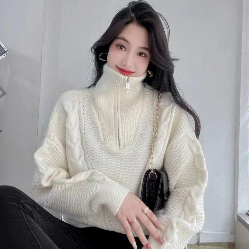 Pullover Knitwear Women 2022 Autumn And Winter Lantern Long Sleeve Zipper Solid Casual High Neck Pullover Sweater Women Tops