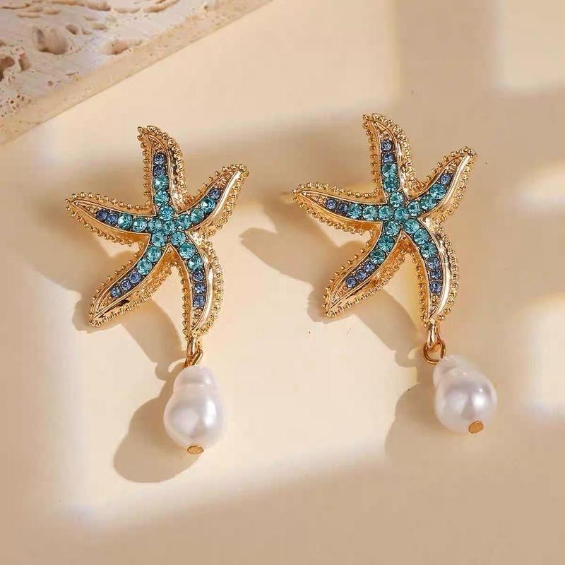 Богемные серьги-подвески в виде морской звезды с жемчугом и синими стразами для женщин, украшения в виде морской звезды, летние, праздничные, пляжные подарки
