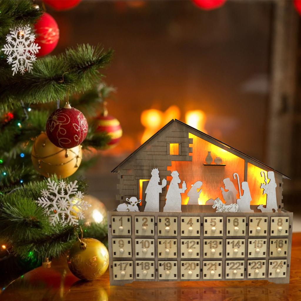 Wooden Craft Jesus Advent Calendar with Lamp 24 Numbered Drawers Countdown Christmas Home Decoration