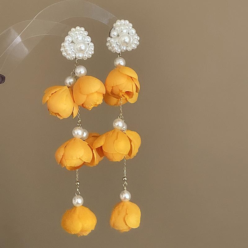 Yellow Fabric Flower Bud Dangle Earrings for Women Super Crystal Drop Earring Imitation Pearl Tassel Hanging Party Jewelry D