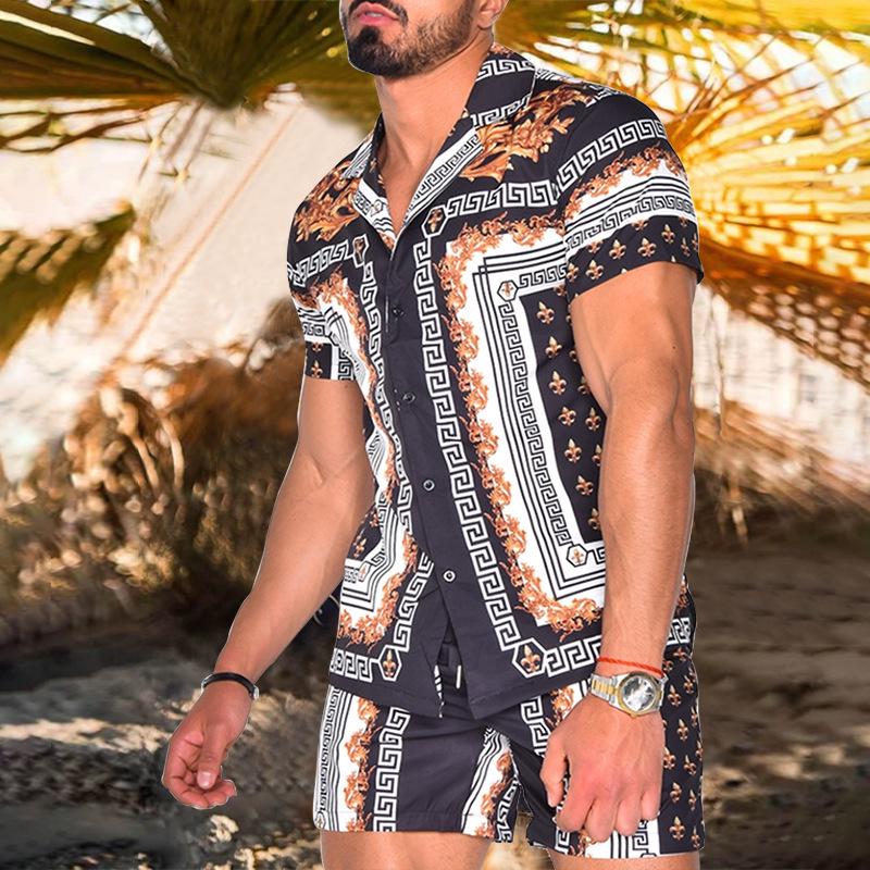 2022 Summer European & American Men's Casual Loose Short-sleeved Shirt & Shorts Beach Set
