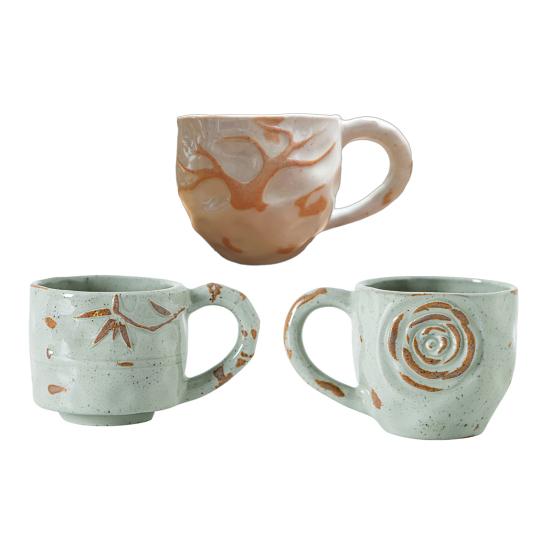 Керамическая кофейная чашка ручной работы с тисненым узором «роза и бамбуковый лист», кружка 290 мл, деревенская текстурированная кружка, подходит для микроволновой печи, штабелируемая, подарок для любителей кофе