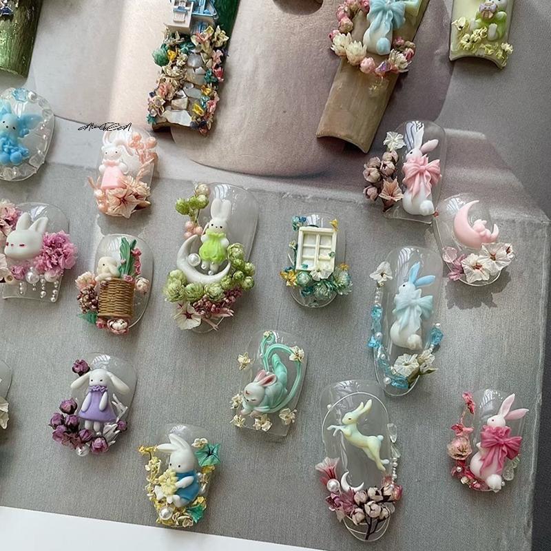 3Pcs Silicone Nail Art Mold Cute Cartoon Rabbit Moon Cake Moon 3d Acrylic Flowers Nails Templates Diy Manicure Design Tools