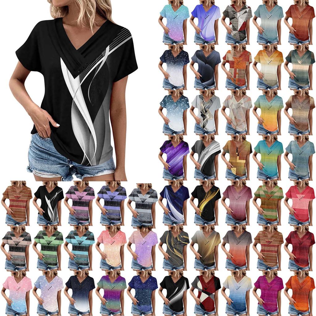 Summer Tops For Women Pattern For Women V-Neck Short Sleeve Comfy Womens Tops Oversized Tshirts