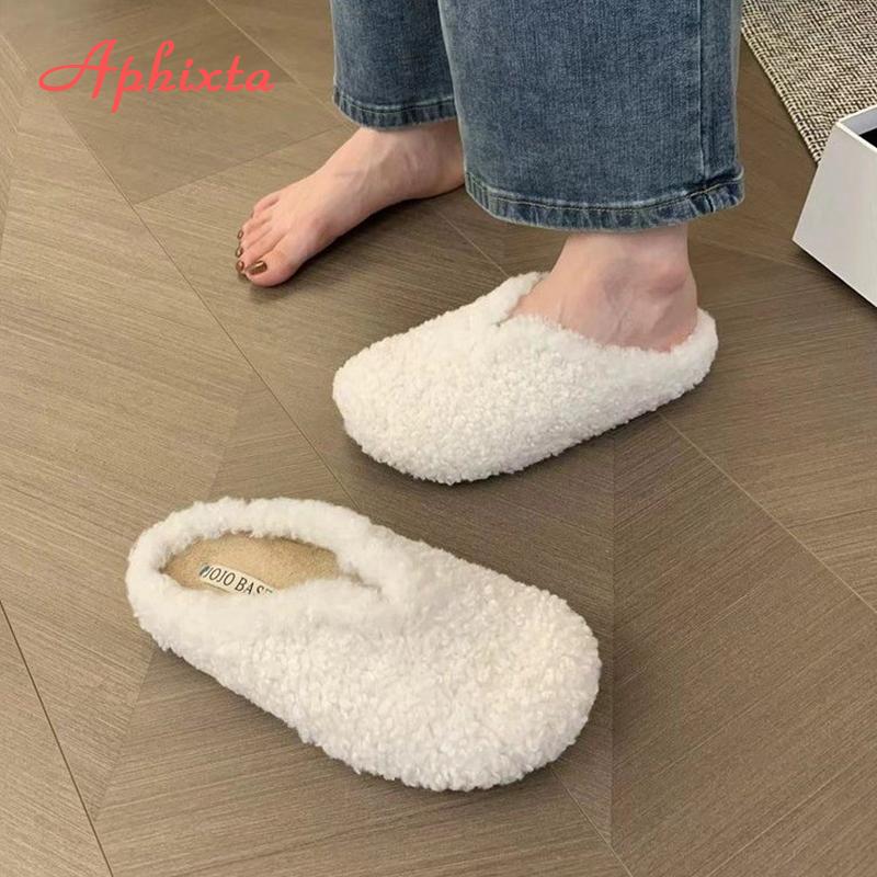 Fashion Aphixta New Warm Winter Slippers Candy Color Sweet Women Slippers Furry Round Toe Shoes Indoor Flat Heel Hair Slides
