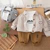 Boys' Long Sleeved Three Piece Set - Autumn and Winter Checkered Shirt Jacket - White Top - Casual Pants Set - High-quality Clothes