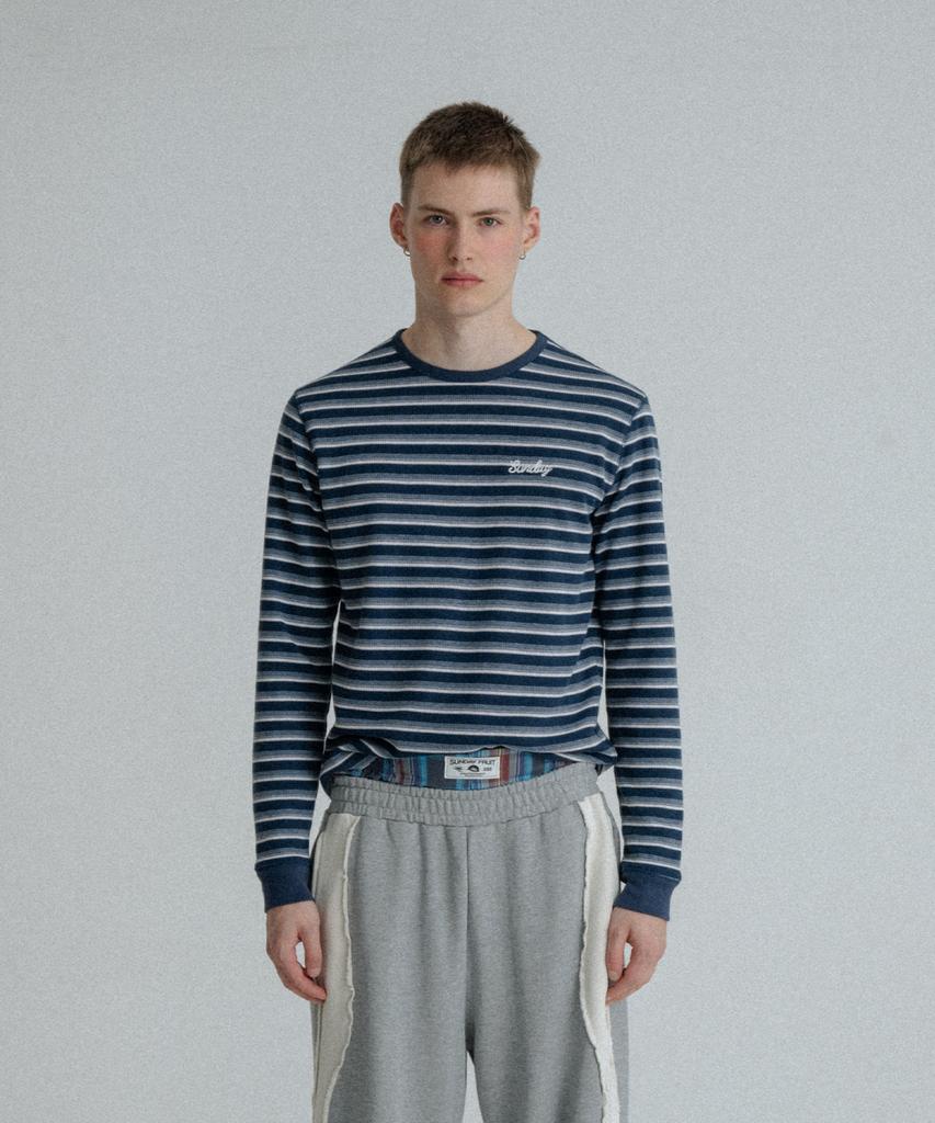 SUNDAY FRUIT MARKET Stripe Waffle Ls Tee Navy