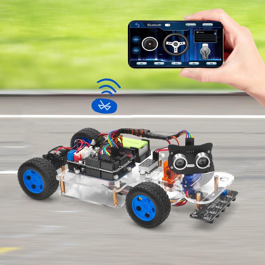 OSOYOO Arduino UNO Robot Car Smart Car Kit with Servo Steering Rack, DIY Kit, Bluetooth, Wi-Fi, IOT, Autodrive, C++, and Computer Programming